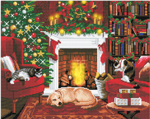 CAK-XLED15: "Pets by the Fireplace" Framed LED Crystal Art Kit - 40 x 50 (With Special Effects)